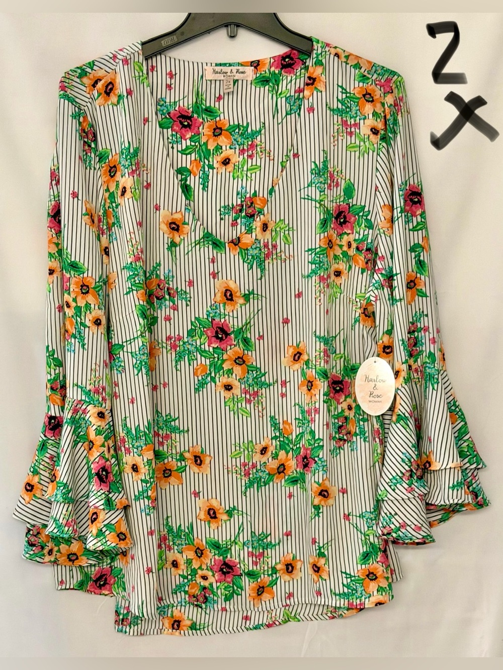 Hailee & Rose Floral Stripe Ruffle-Sleeve Blouse in White - 2X